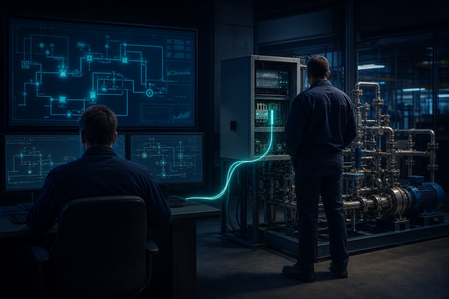 Engineers running a combined test between screens and a physical process skid