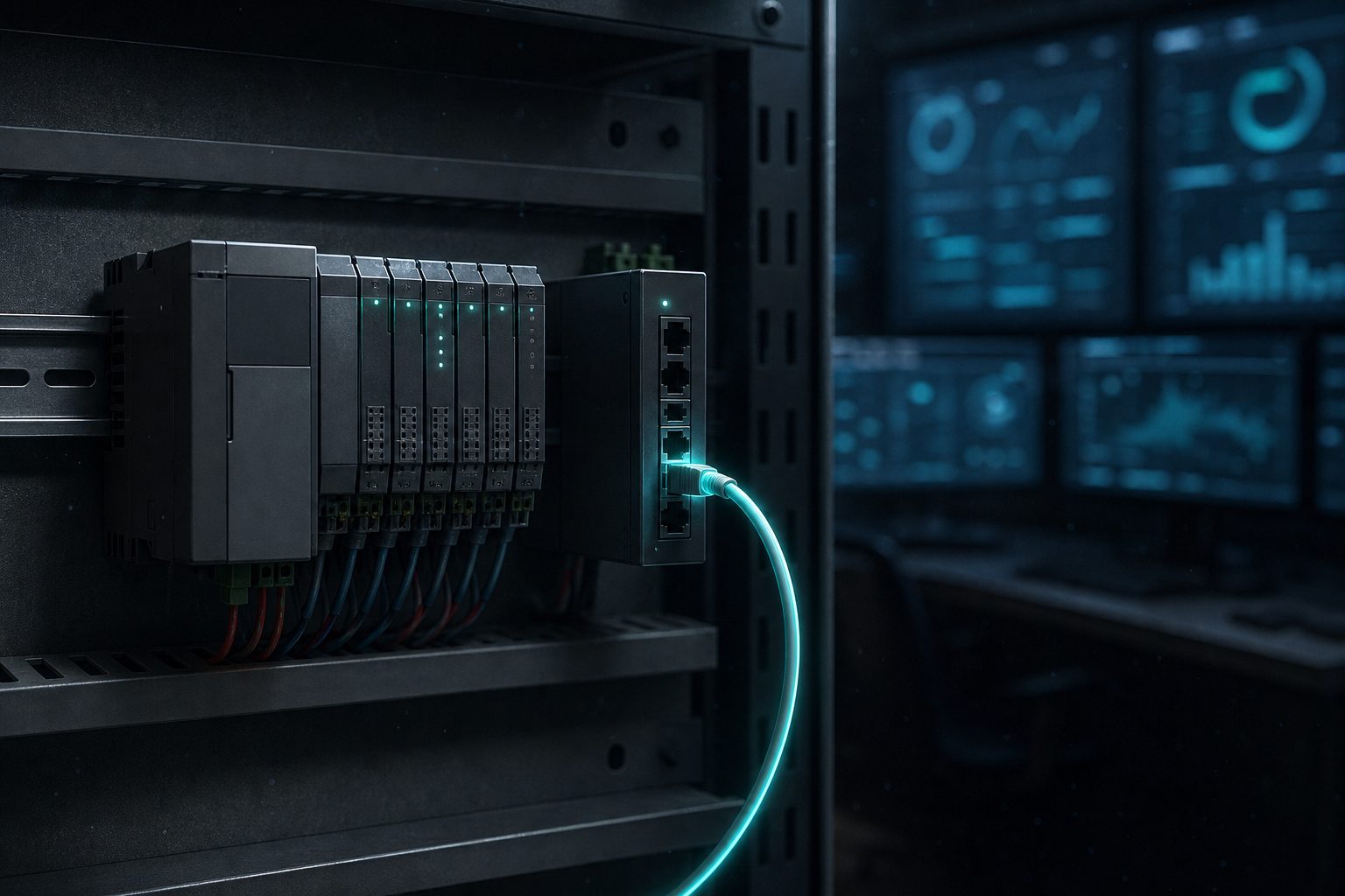 Industrial PLC and switch connected into a cyber-range network