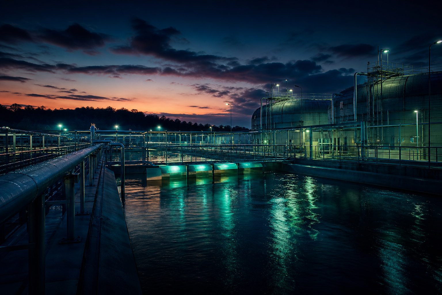 Water treatment tanks and piping at dusk